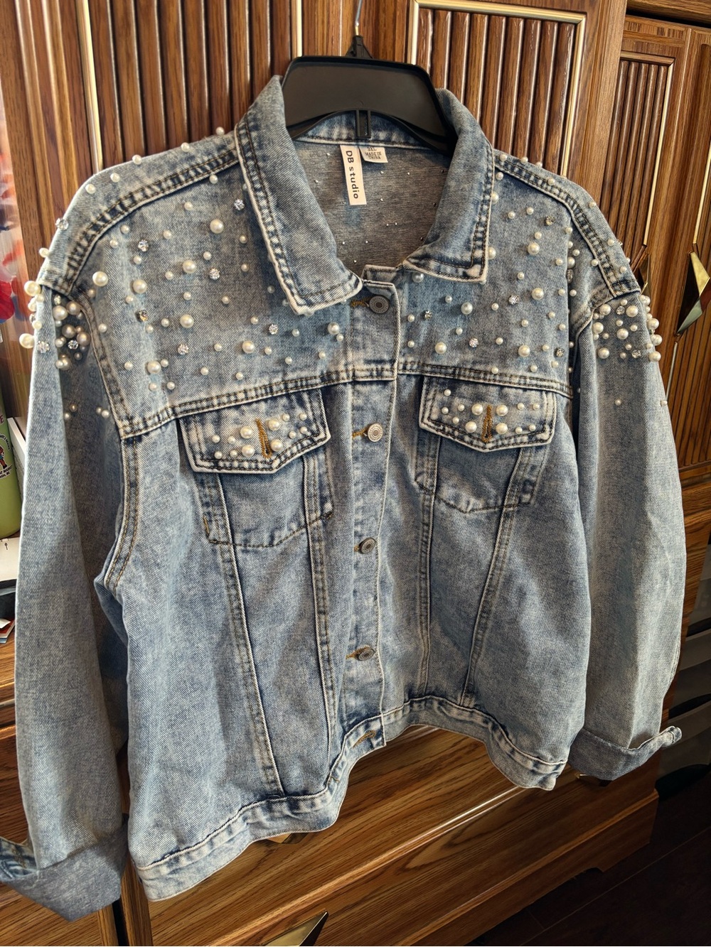 WIFEY BRIDE Light Blue Rhinestone and Pearl-Embellished Denim Jacket